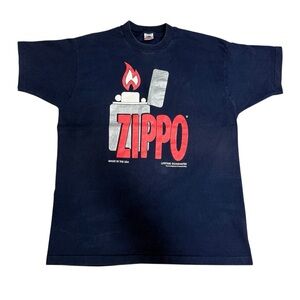 Vintage 90s Zippo Lighter T-Shirt Single Stitch Made in USA Navy Graphic Tee XL